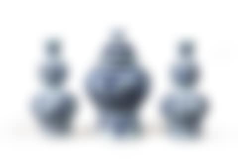 A pair of Dutch Delft blue and white chinoiserie onion-necked vases and a baluster vase and cover (preview)