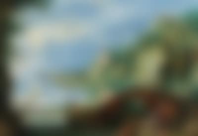 A rocky river landscape with shepherds, goatherds and their livestock resting by a bridge (preview)