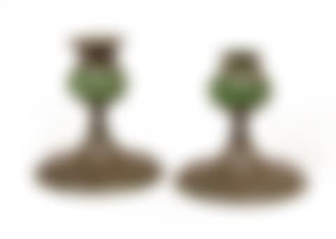 Pair of Tiffany Bronze and Green Glass Candlesticks (preview)