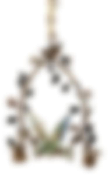 Two-light pendant light with floral decoration in gilded metal, enameled and polychrome porcelain representing a parrot on a branch (preview)