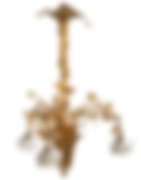Gilt bronze chandelier depicting a flowered basket from which three arms of light adorned with frosted floral verrines emerge (preview)