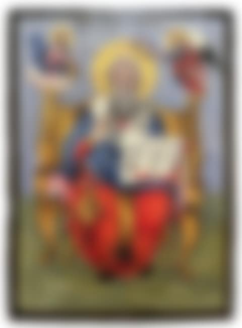 Icon, Greece, Saint Gregory Palamas archbishop of Thessaloniki on a throne, holding the gospel (Jn. XIII, 34) crowned with flowers by an angel and blessed by Christ (preview)