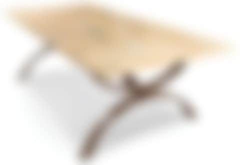 Rectangular dining room table with iron X-shaped base, veined white-pink marble top (preview)