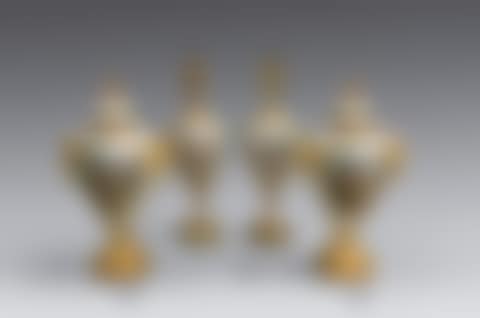 Pair of enameled porcelain shoulder vases decorated with gallant scenes and fountains in reserves on a sky blue background (preview)
