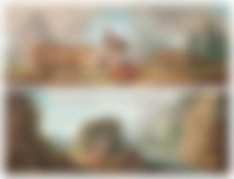 Obelisk with figures around a brazier. Lively river landscape. (preview)