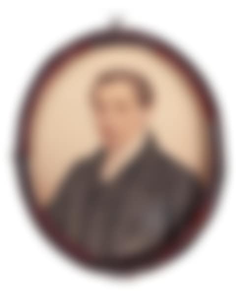 Portrait of man in black coat in red travel case (preview)