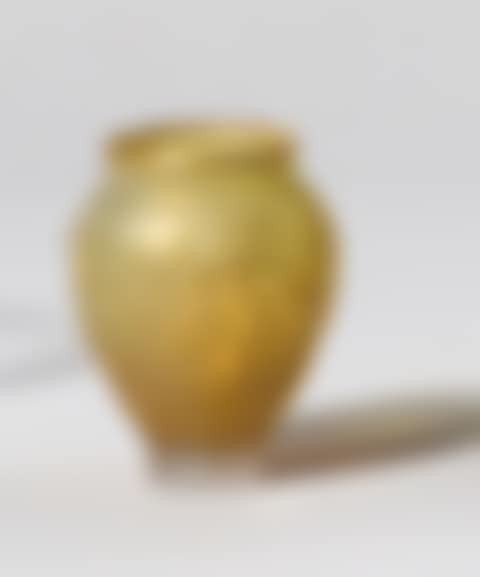 Ovoid miniature vase with straight neck and heel in iridescent glass with openwork decoration of golden flowered branches  (preview)