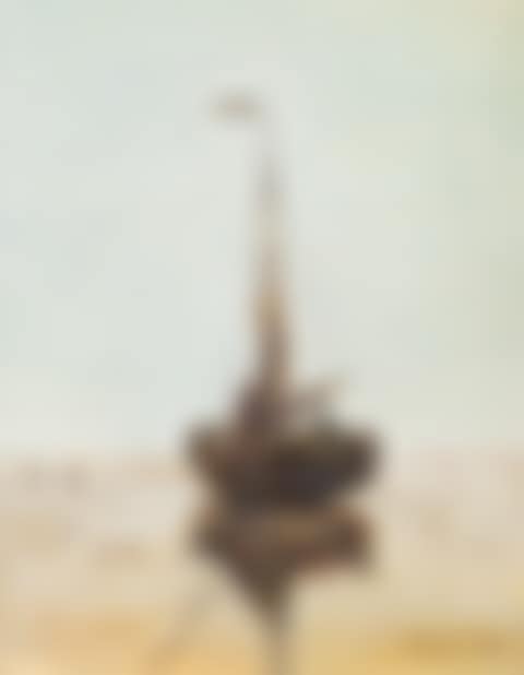 An oil on board of a sail boat washed up on shore (preview)