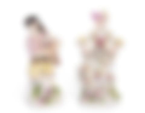 A MEISSEN PORCELAIN FIGURE OF MEZZETIN WITH BAGPIPES AND A FIGURE OF COLUMBINE WITH A HURDYGURDY (preview)