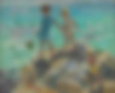 Children and gulls on the rocks (preview)