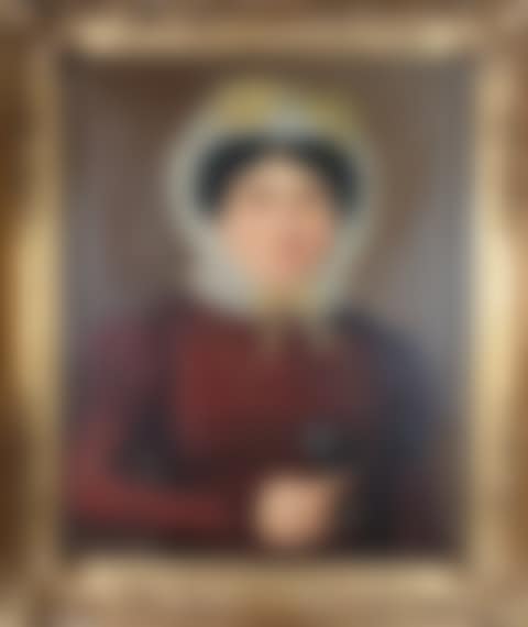 Woman with lace bonnet and bouquet of violets (preview)