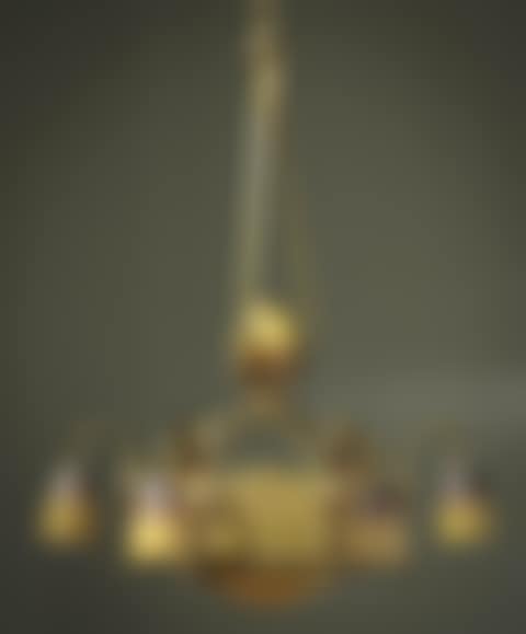French Art Deco Ormolu and Yellow-to-Burnt-Red Frosted Glass Six-Light Hexagonal Chandelier (preview)