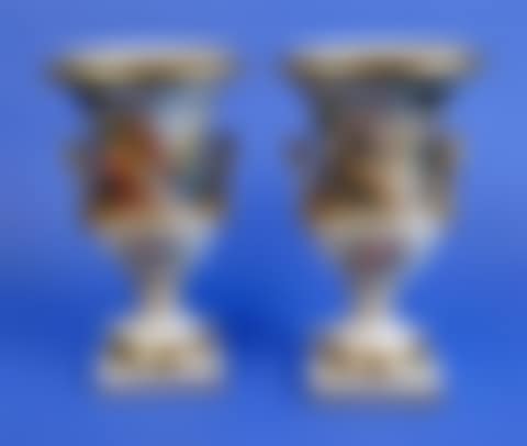 PAIR OF ITALIAN PORCELAIN FIGURAL AND FLORAL PAINT DECORATED URNS (preview)