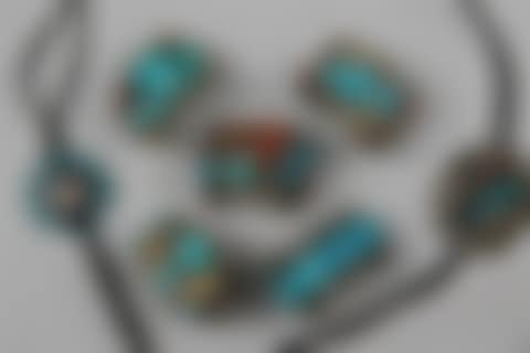 GROUP OF FIVE NATIVE AMERICAN SILVER AND TURQUOISE BRACELETS AND TWO NATIVE AMERICAN SILVER AND TURQUOISE BOLO TIES (preview)