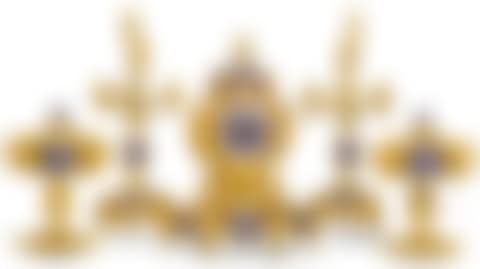 A FRENCH GILT-BRONZE AND PAINTED PORCELAIN FIVE-PIECE GOTHIC REVIVAL MANTEL CLOCK GARNITURE (preview)