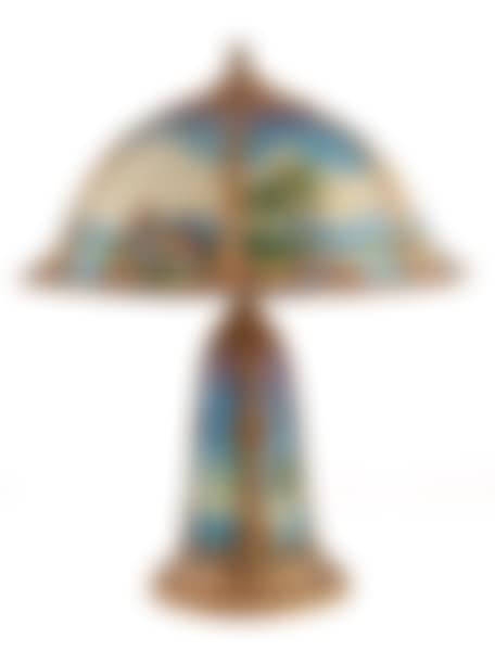 American reverse painted table lamp with panel glass shade and lighted base (preview)