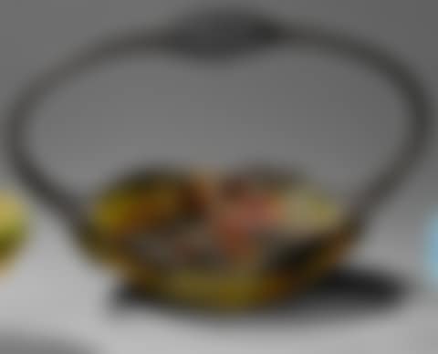 Quadrangular cup with polylobed edges enclosed in a wrought iron frame with handle and leaf decoration (preview)
