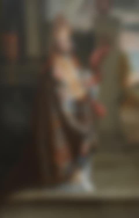 Portrait of William Waynflete (c.1398-1486), full-length, wearing bishop"s robes and holding a mitre, standing on a terrace (preview)