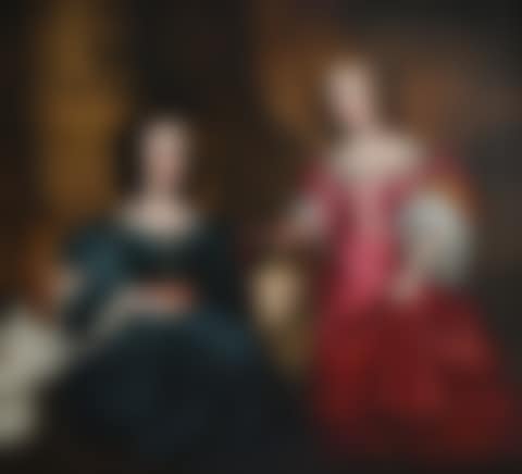 Portrait of two sisters with a sheep and a dog, by a fountain (preview)