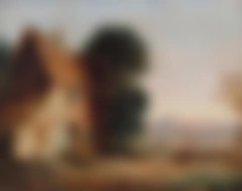 A figure by a cottage, a bridge beyond (preview)