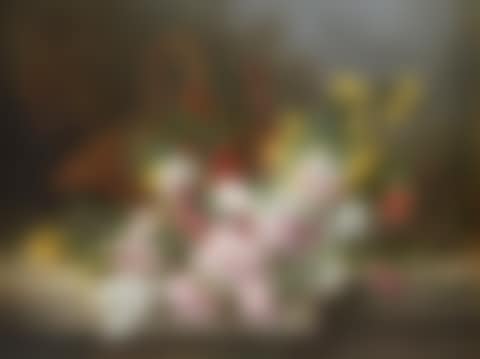 CHRYSANTHEMUMS AND A WICKER BASKET ON A STONE LEDGE (preview)
