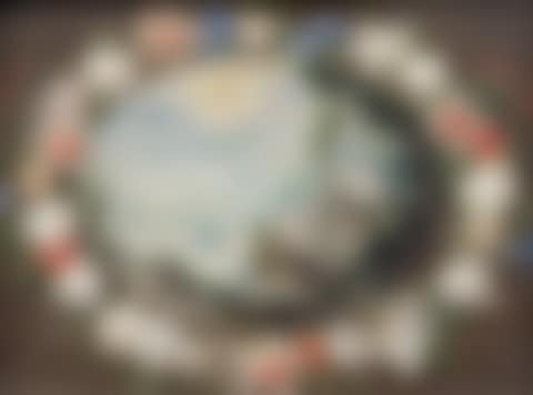 A wreath of flowers around a mountainous river landscape (preview)