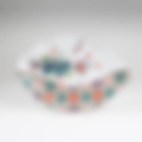 Rare large leaf bowl with checkerboard pattern and Indian flower branch (preview)