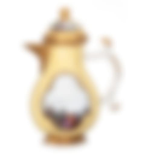 Yellow background coffee pot with landscape scenes (preview)