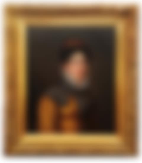 Portrait of Agathe D"Alencon with curly brown hair wearing a tiara, frilled collar, brown cloak and cap (preview)