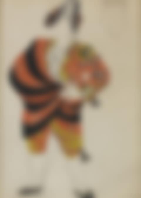 Le Tricone ballet designs, one of a man wearing a tricorn hat; the other an abstract design with flowers (preview)