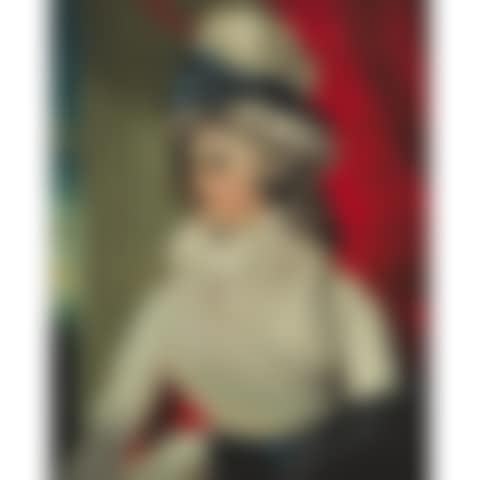 PORTRAIT OF A LADY IN BLUE BERIBBONED CAP BEFORE A DRAPED WINDOW (preview)