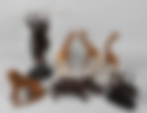 GROUP OF FIVE AFRICAN WOOD CARVINGS Three female warriors, three giraffe group, rhino, gazelle group and lioness (preview)