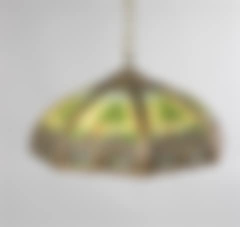 AMERICAN PATINATED METAL MOUNTED REVERSE PAINTED GLASS HANGING LIGHT FIXTURE (preview)