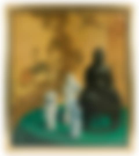 Orientalist Still Life with Buddha Sculpture on Stand, Three Porcelain Figures and a Folding Screen (preview)