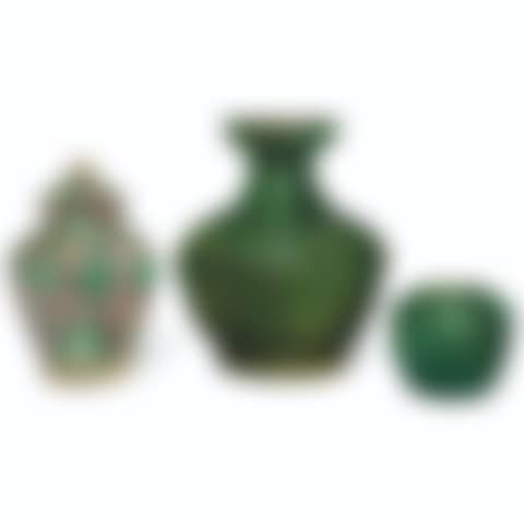 A CHINESE GREEN-GLAZED POTTERY HU VASE, A CHINESE FAMILLE VERTE ON-BISCUIT VASE AND COVER, AND A CHINESE APPLE GREEN-GLAZED JAR  (preview)