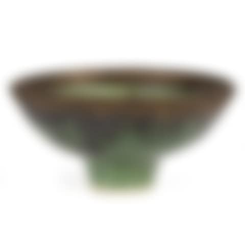 a stoneware footed bowl with an emerald green glaze and bronzed manganese drip rim (preview)