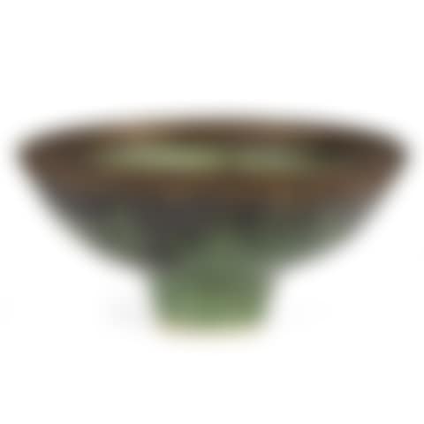 Stoneware footed bowl with an emerald green glaze and bronzed manganese drip rim (preview)