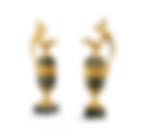 A pair of Restauration gilt-bronze mounted green marble ewers (preview)