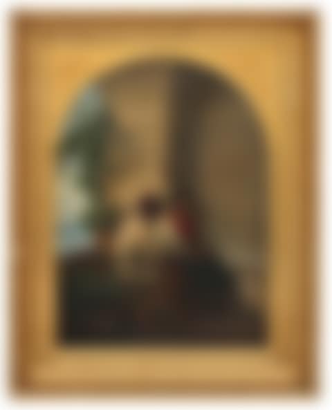 scene of an Italian couple seated in a loggia by the sea. (preview)