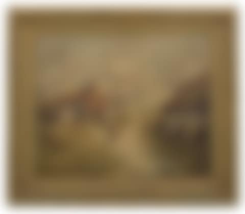 Dutch landscape; country cottage scene with woman and chickens, has flowering trees, a house and a barn (preview)
