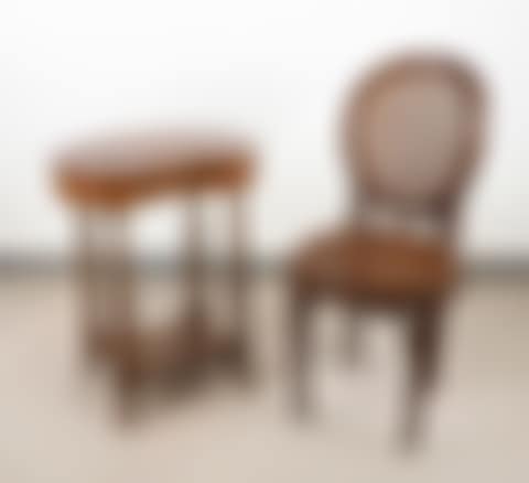 Wooden bean table with central drawer, with straw chair (preview)