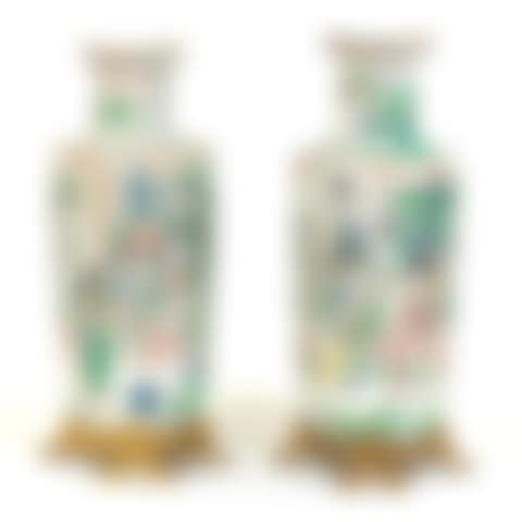 Near Pair of Kangxi Style Porcelain Famille Vert Palatial Rouleau Vases (preview)