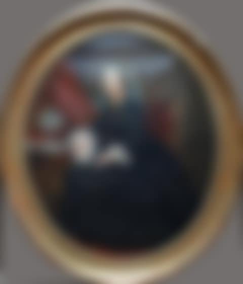 WOMAN SEATED IN AN INTERIOR, HER HAIRSTYLE CROWNED WITH FLOWERS (preview)