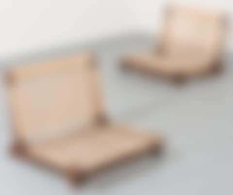 Pair of teak and woven straw armchair (preview)