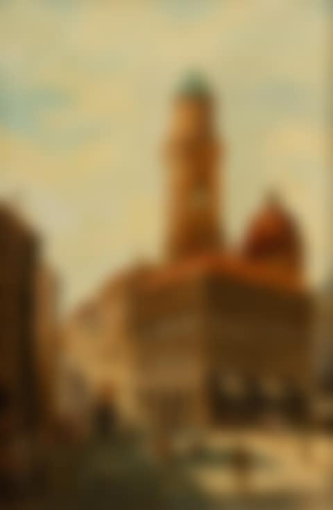 "Venetian Street Scene",; Venetian street scene with cathedral tower and dome, numerous pedestrians and a carriage (preview)