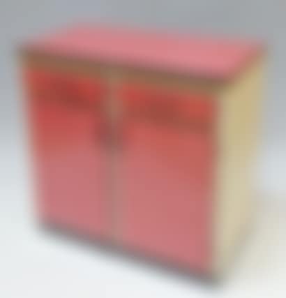Red formica storage unit opening with two doors and two drawers on the front (preview)
