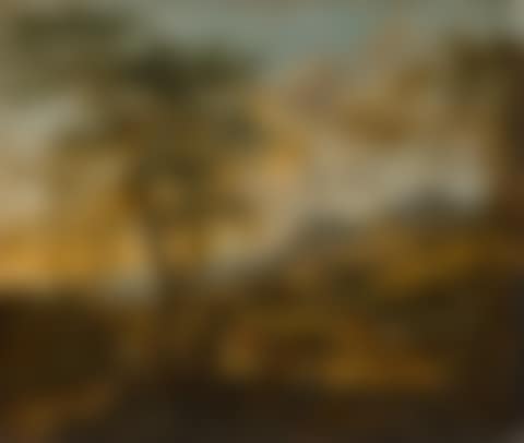 Extensive Italianate landscape with a traveler and drovers on a road, a farmhouse and a village beyond (preview)