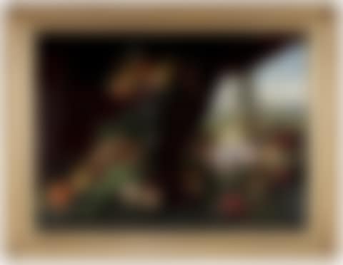 Still Life of Flowers and Fruit on a Stone Table in a Draped Loggia (preview)