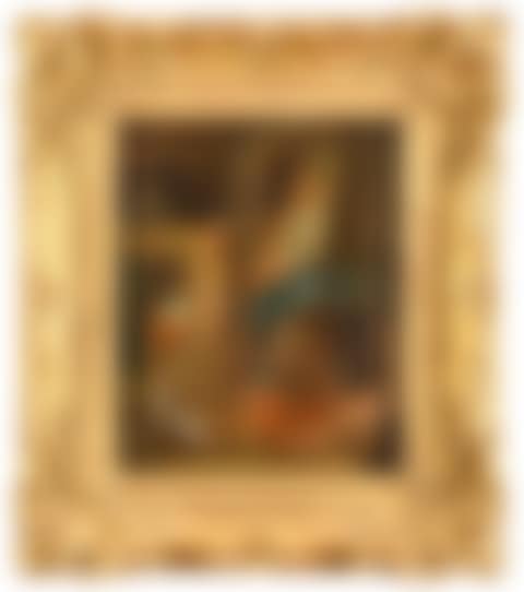 Interior scene with ladies and a dog by a hearth (preview)