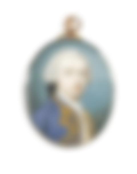Portrait miniature of a gentleman, wearing blue coat with gold frogging, white figured waistcoat, chemise, stock and lace cravat, his powdered wig worn en queue and tied with black ribbon (preview)